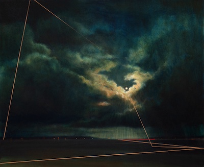 'And This Is Why' Deborah Grice contemporary  nocturnal oil painting of a coastline with streetlights on the opposite shore. With gold and red geometric lines.