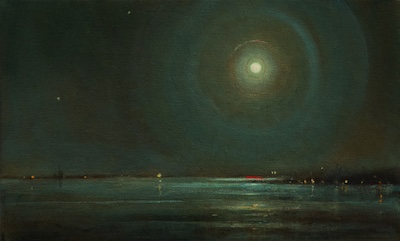 'To Endure I' Deborah Grice contemporary  nocturnal oil painting of a coastline with streetlights on the opposite shore. With a red geometric lines.