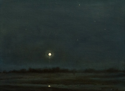 'Glow' Deborah Grice contemporary  nocturnal oil painting of a coastline with streetlights on the opposite shore. 