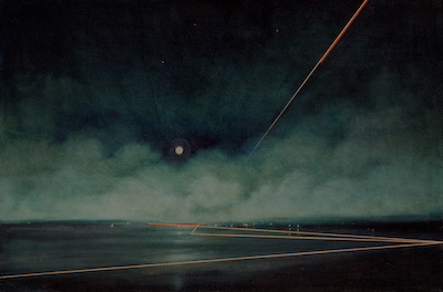 'Yearn' Deborah Grice contemporary  nocturnal oil painting of a coastline with streetlights on the opposite shore. With a red and gold  geometric lines.