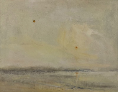 'There is always a choice' Deborah Grice contemporary oil painting of mosty landscape with dark gold geometric and orange suns.