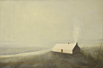 'Support' Deborah Grice contemporary  oil painting of pastoral landscape with white geometric cottages and lines.