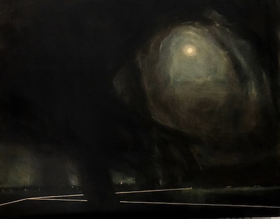 'Epiphany Later' Deborah Grice contemporary  nocturnal oil painting of a coastline with streetlights on the opposite shore and moon in a stormy sky. With gold geometric lines.