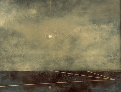 'Coastal Moon Light' Deborah Grice contemporary  nocturnal oil painting of a coastline. With gold geometric lines.