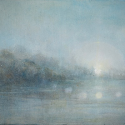 'Silent Suns - 7' Deborah Grice's contemporary oil painting of seven suns reflected on a pastoral river scene with a sundog.