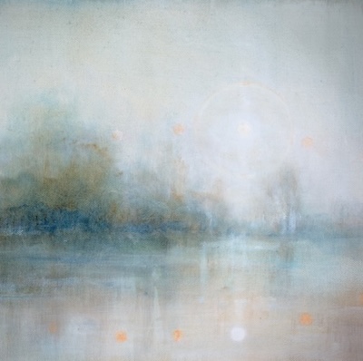 'Silent Suns - 14' Deborah Grice's contemporary oil painting of fourteen suns reflected on a pastoral river scene with a sundog.