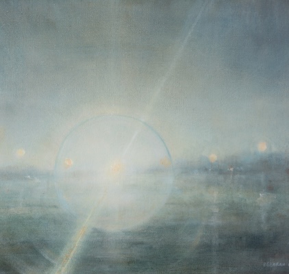 'Silent Suns - 8' Deborah Grice's contemporary oil painting of eight suns reflected on a pastoral river scene with a sundog.