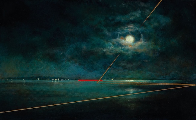 'Hope's Resilience I' Deborah Grice's contemporary  nocturnal oil painting of a coastline with streetlights on the opposite shore. With gold and red geometric lines.