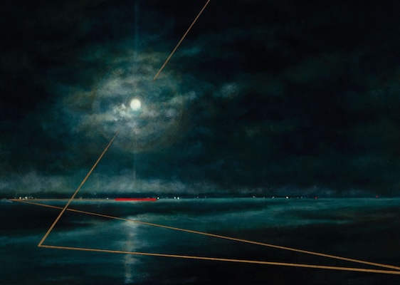 'A Tranquil Future' Deborah Grice contemporary  nocturnal oil painting of a coastline with streetlights on the opposite shore. With gold and red geometric lines.