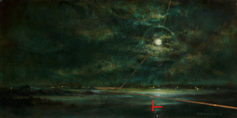 'Hopeful Now' Deborah Grice contemporary nocturnal oil painting of a coastline with streetlights on the opposite shore. With gold and red geometric lines.