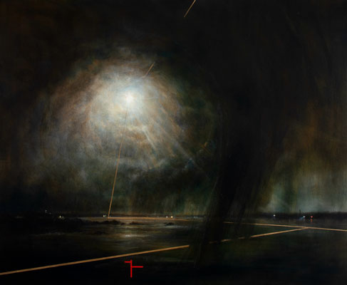 'Forever Is Now' Deborah Grice contemporary nocturnal oil painting of a coastline with streetlights on the opposite shore during a storm. With gold and red geometric lines.