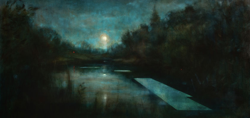 'Where Hope is Held II' Deborah Grice's contemporary landscape nocturnal oil painting of a  stream with a geometric void.