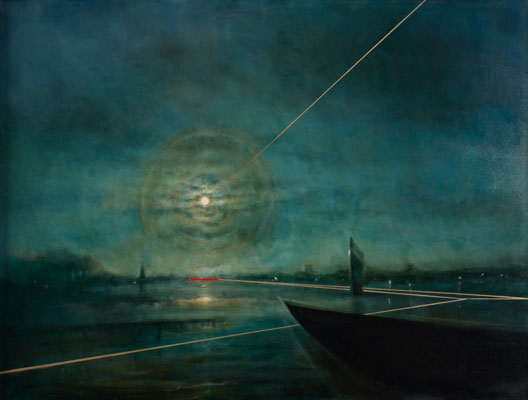 'Pilgrimage' Deborah Grice contemporary  nocturnal oil painting of a coastline with streetlights on the opposite shore with boats in the foreground. With gold and red geometric lines.