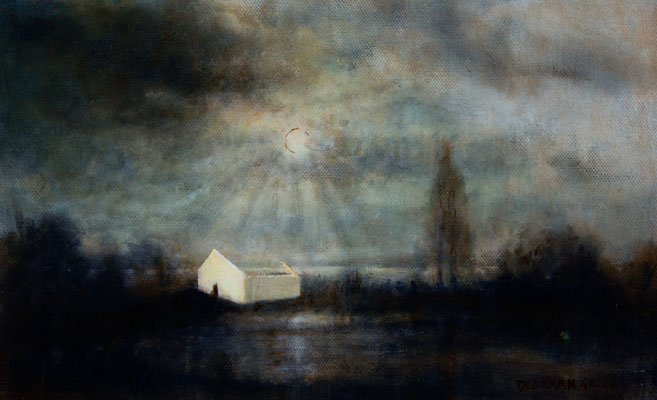 'Renewed Horizon' Deborah Grice's contemporary  oil painting of the banks of a gentle river with white geometric cottage without a roof.