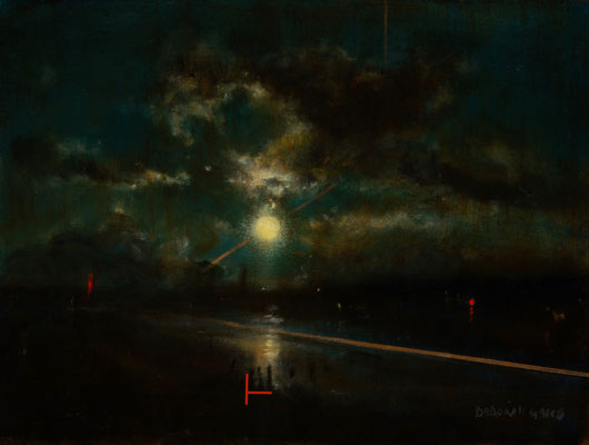 'Our Truth' Deborah Grice contemporary  nocturnal oil painting of a coastline with streetlights on the opposite shore. With gold and red geometric lines.