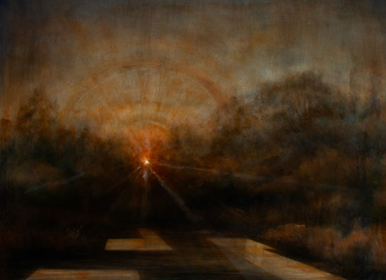 'Water Voids' Deborah Grice's contemporary landscape oil painting of a stream surrounded by trees with a geometric void. it is set in crespuscular light.