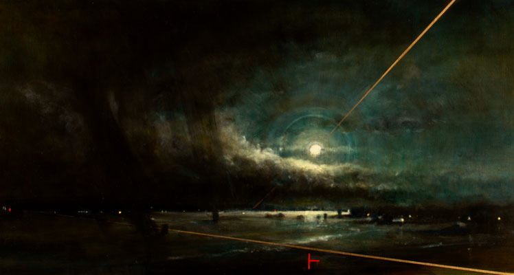 'Constancy II' Deborah Grice contemporary  nocturnal oil painting of a coastline with streetlights on the opposite shore. With gold and red geometric lines.