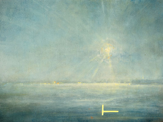 'A Sublime Tomorrow' Deborah Grice contemporary twilight oil painting of a coastline with streetlights on the opposite shore. With gold geometric lines.