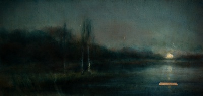 'Our Time' Deborah Grice's contemporary landscape nocturnal oil painting of a  stream surrounded by trees with a geometric gold void.