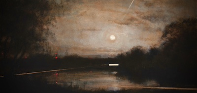 'Calm II' Deborah Grice's contemporary landscape oil painting of a stream surrounded by trees with a geometric gold and white lines. it is set in crespuscular light.