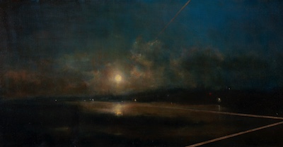 'The Beyond' Deborah Grice contemporary  nocturnal oil painting of a coastline with streetlights on the opposite shore. With gold and red geometric lines.
