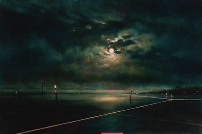 'Trancendence II' Deborah Grice contemporary  nocturnal oil painting of a coastline with streetlights on the opposite shore with boats in the foreground. With gold and red geometric lines.