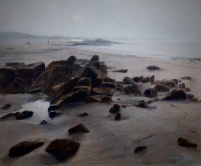 'Sanctuary' Deborah Grice contemporary  oil painting of a rocky shoreline landscape with a geometric white sun in the sky.