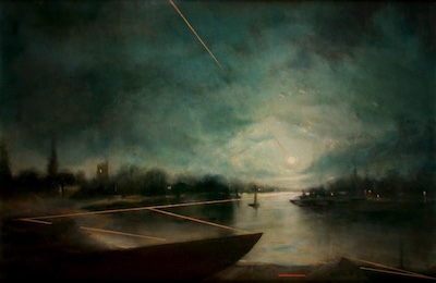 'Homeward I' Deborah Grice contemporary  nocturnal oil painting of a coastline with streetlights on the opposite shore with boats in the foreground. With gold and red geometric lines.