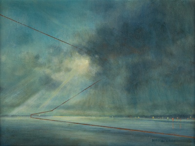 'Eternal VI' Deborah Grice contemporary twilight oil painting of a coastline with streetlights on the opposite shore. With gold geometric lines.
