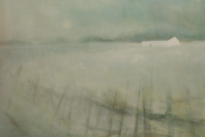 'This Is Our Sanctuary II' Deborah Grice contemporary  oil painting of pastoral landscape and a house with a white geometric white walls and no roof.