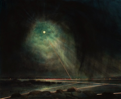 'Genuflection' Deborah Grice contemporary  nocturnal oil painting of a coastline with streetlights on the opposite shore. With gold and red geometric lines.