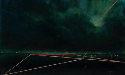 'All Shall Be Well III' Deborah Grice contemporary  nocturnal oil painting of a coastline with streetlights on the opposite shore. With gold and red geometric lines.