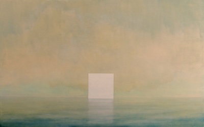 'Solitude' Deborah Grice contemporary oil painting of a cloudy coastline with some blue sky. An obelisk appears out of a still sea.