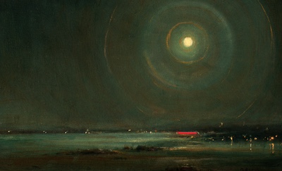 'To Endure II' Deborah Grice contemporary  nocturnal oil painting of a coastline with streetlights on the opposite shore. With a red geometric lines.