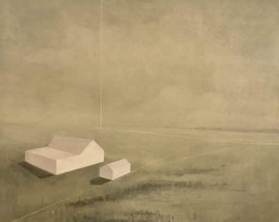 'Towards Hope' Deborah Grice contemporary  oil painting of pastoral landscape with white  geometric cottages and lines.