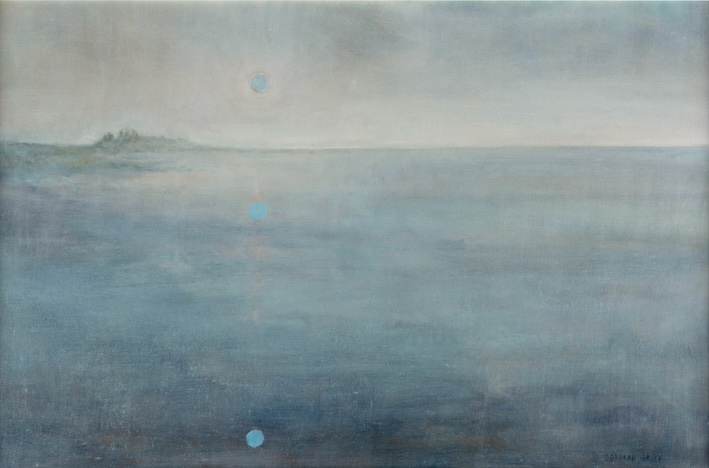 'Bamburgh | Reflected Peace II' Deborah Grice's contemporary  oil painting of Bamburgh Castle, Northumbria with sand dunes on a cold sunny day.