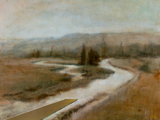 'Where Silence Holds II' Deborah Grice contemporary  oil painting of streams running through a Tuscan landscape with a gold  void shaped pool whoch glows in the light.