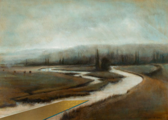 'Where Silence Holds III' Deborah Grice contemporary  oil painting of streams running through a Tuscan landscape with a gold  void shaped pool whoch glows in the light.