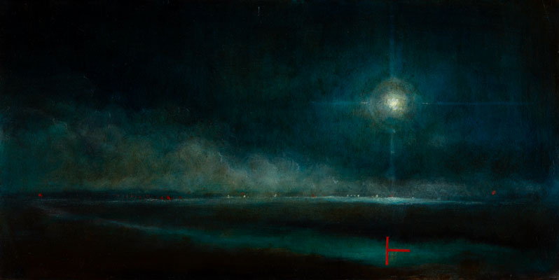 'Hope's Horizon' Deborah Grice contemporary  nocturnal oil painting of a coastline with streetlights on the opposite shore. With gold and red geometric lines.