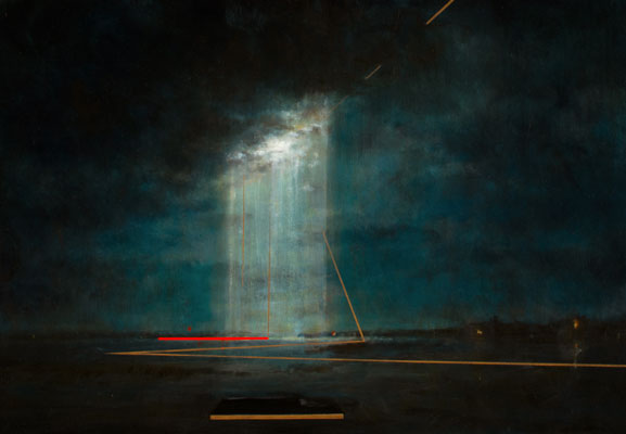 'Hope's Paradox' Deborah Grice contemporary  nocturnal oil painting of a coastline with streetlights on the opposite shore. A shaft of vertical light form a storm cloud can be seen. With gold and red geometric lines.