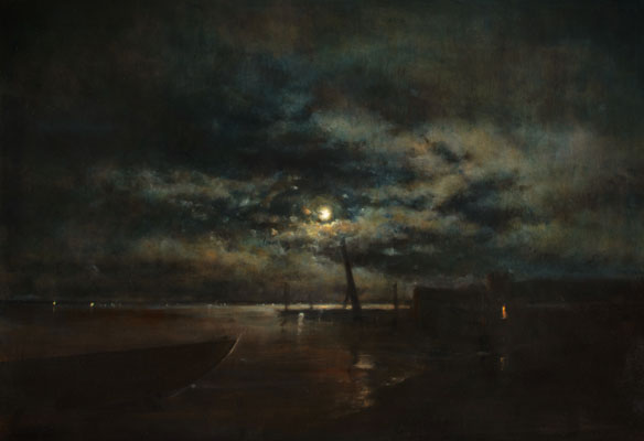 'Future Nostalgia' Deborah Grice contemporary  nocturnal oil painting of a coastline with streetlights on the opposite shore. With gold and red geometric lines.