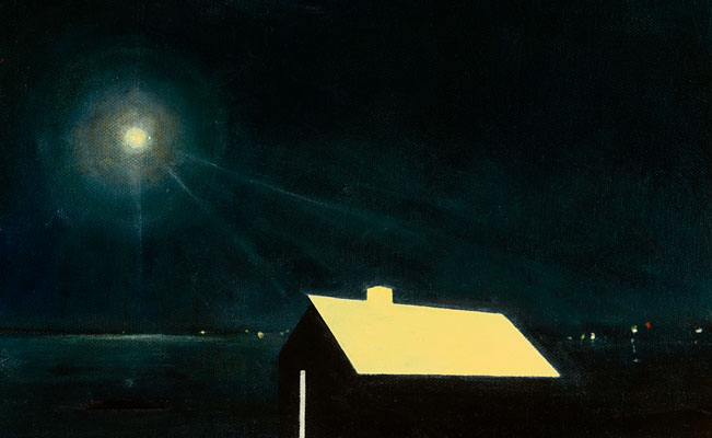 'Devotion II' Deborah Grice contemporary  nocturnal oil painting of moonlit nocturne and a house with a white geometirc white roof and glow in the dark door.