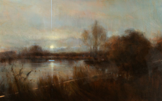 'At Peace' Deborah Grice's contemporary  oil painting of the banks of a gentle river with gold and white geometric lines.