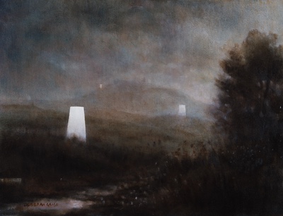 'Elucidation' Deborah Grice's contemporary landscape crespuscular oil painting of a  stream surrounded by trees with geometric white shapes.