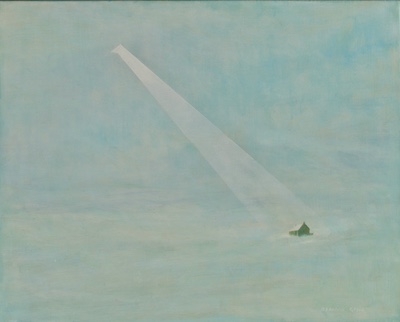 'Protection' Deborah Grice contemporary  oil painting of a misty pale blue landscapre with a geometric house bathed on the light of a geometric shaft of light.