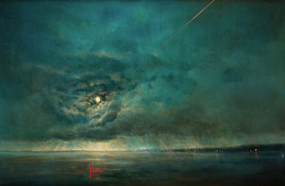 'Transcend' Deborah Grice contemporary  nocturnal oil painting of a coastline with streetlights on the opposite shore. With gold and red geometric lines.