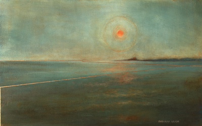 'Finding Peace | Dunstanburgh' Deborah Grice's contemporary  oil painting of Bamburgh Castle, Northumbria with sand dunes at dusk.