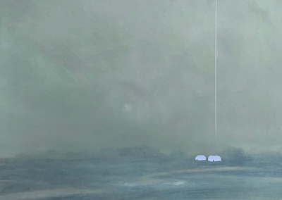 'Almost There I' Deborah Grice contemporary  oil painting of pastoral landscape and two houses with a white geometric cottages.