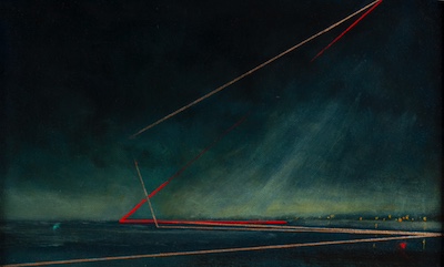 'All Shall Be Well III' Deborah Grice contemporary  nocturnal oil painting of a coastline with streetlights on the opposite shore. With gold and red geometric lines.