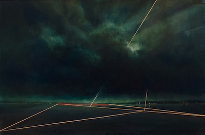 'Benediction' Deborah Grice contemporary  nocturnal oil painting of a coastline with streetlights on the opposite shore. With gold and red geometric lines.